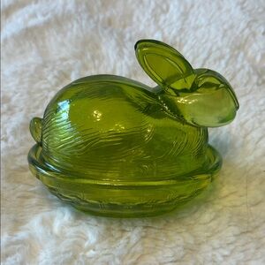 Green Glass Bunny on Nest Trinket Dish